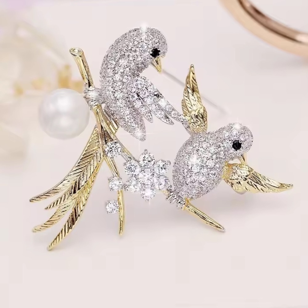 Love birds Sparkling Silver and Gold Bird Brooch
